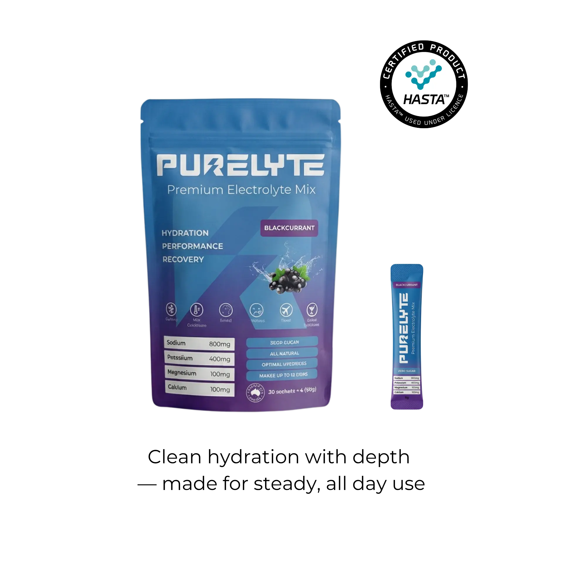 Purelyte premium electrolyte mix package with raspberry flavour on a white background