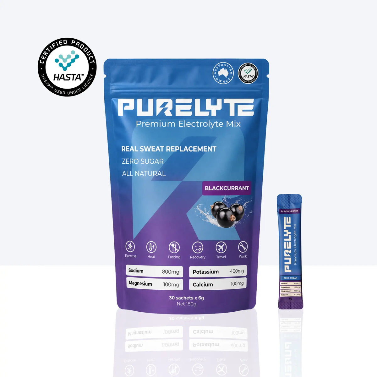 Purelyte premium electrolyte mix package with raspberry flavour on a white background