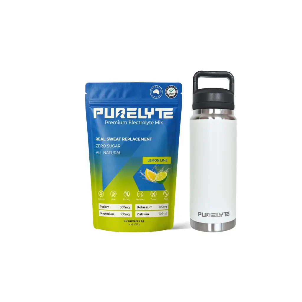 Purelyte Hydration Starter Pack - PURELYTE Lemon Lime electrolyte mix pack and white water bottle.