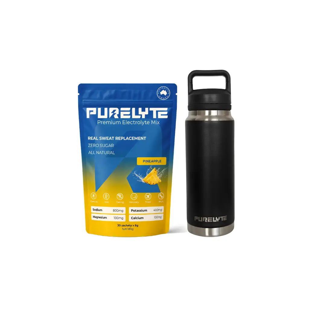 Purelyte Hydration Starter Pack - PURELYTE pineapple electrolyte mix pack and black PURELYTE insulated bottle.