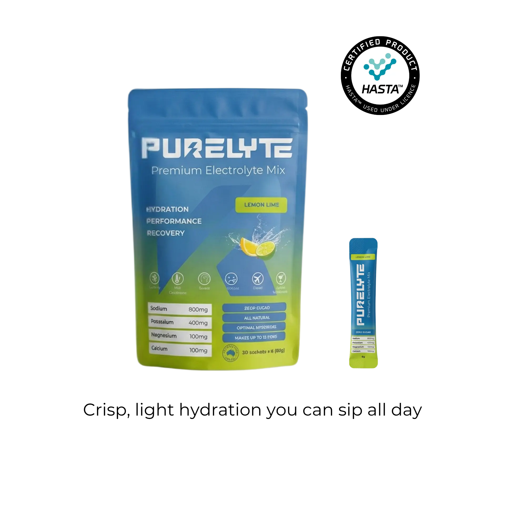 Purelyte premium electrolyte mix package with lemon lime flavour on a white background