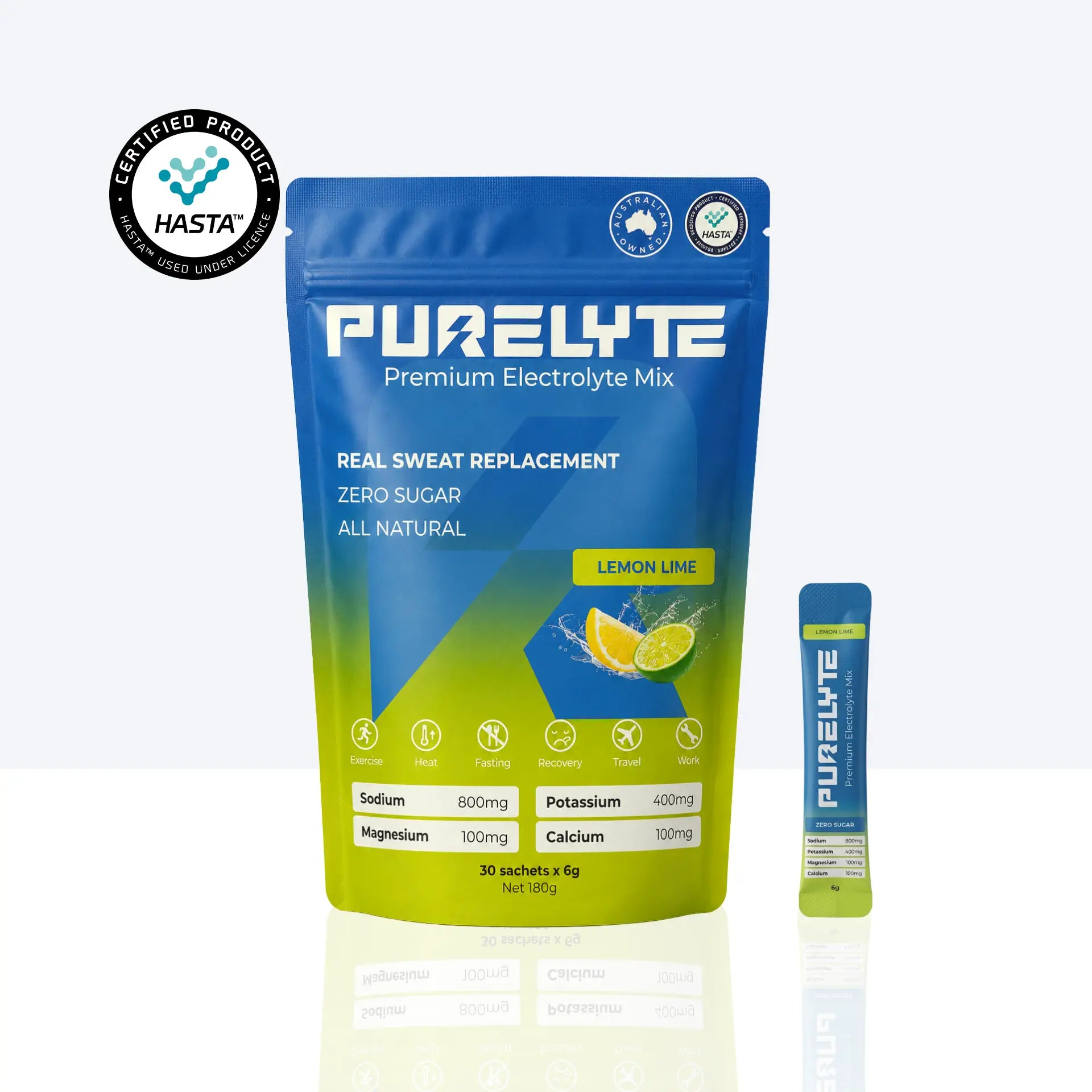 Purelyte premium electrolyte mix package with lemon lime flavour on a white background