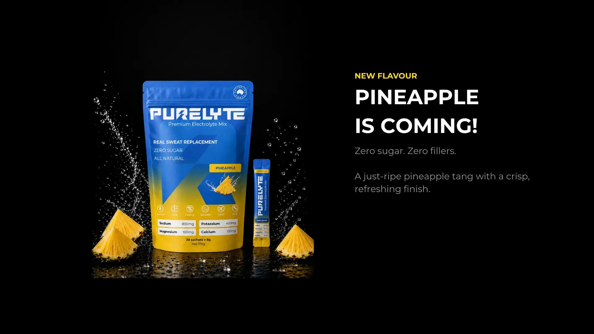 Purelyte sugar-free electrolyte pack in blue and yellow packaging on a black background, with a matching sachet beside it and text reading 'NEW FLAVOUR PINEAPPLE IS COMING!'.