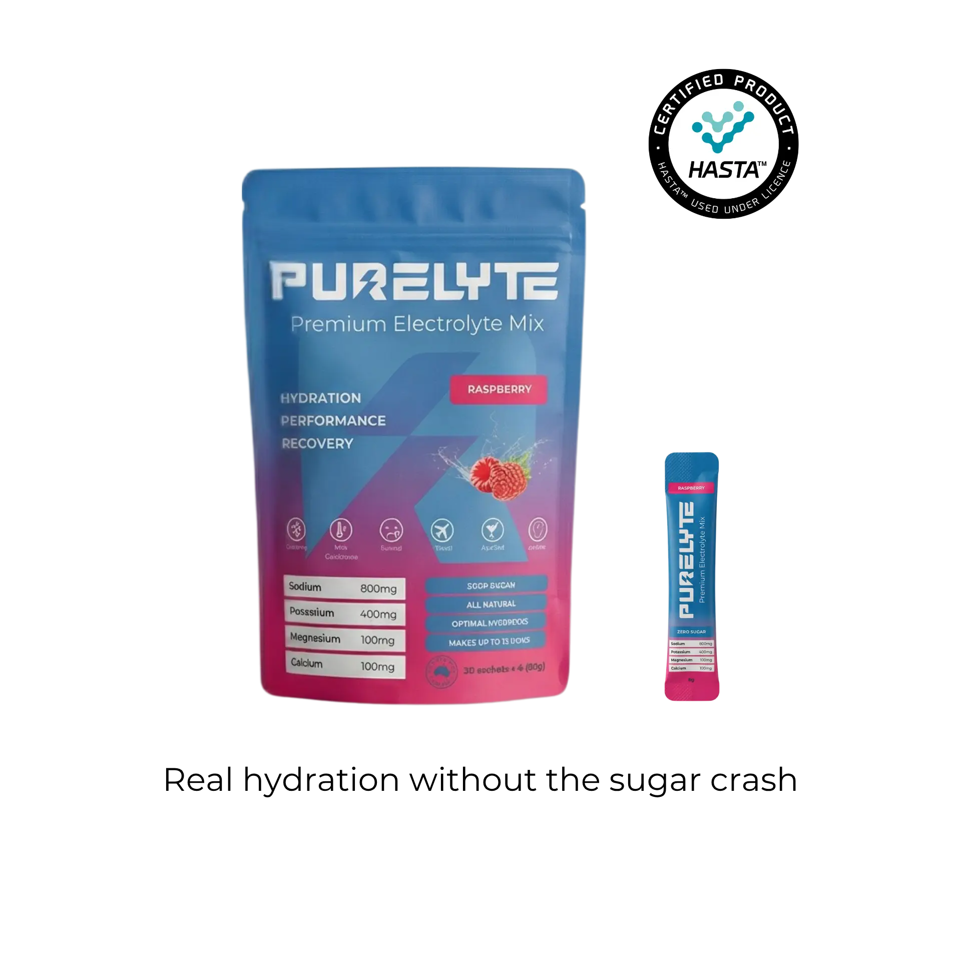 Purelyte premium electrolyte mix package with raspberry flavour on a white background