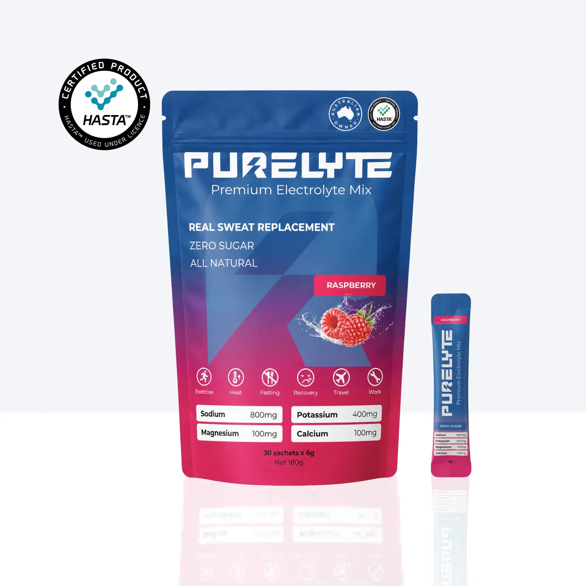 Purelyte premium electrolyte mix package with raspberry flavour on a white background