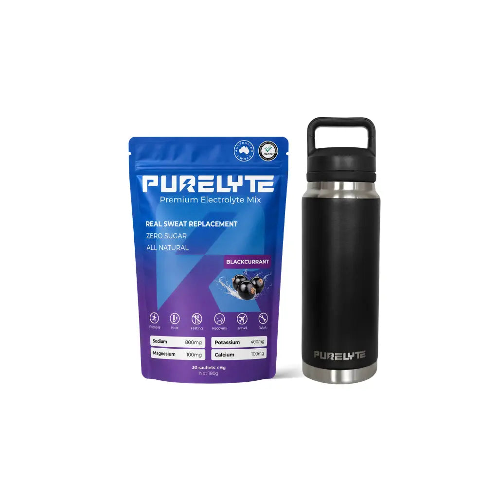 Purelyte Hydration Starter Pack - PURELYTE blackcurrant electrolyte mix pack and black insulated bottle