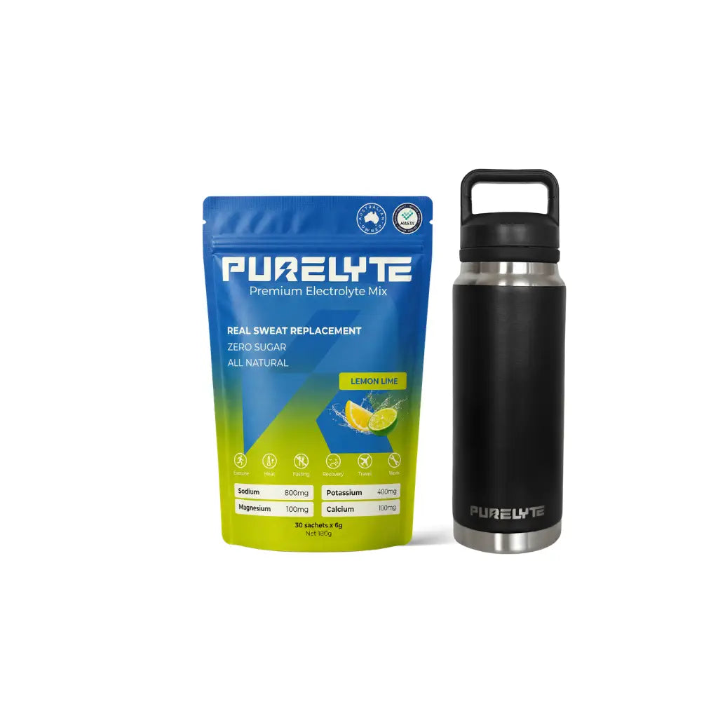 Purelyte Hydration Starter Pack - PURELYTE Lemon Lime electrolyte mix pack and black water bottle.