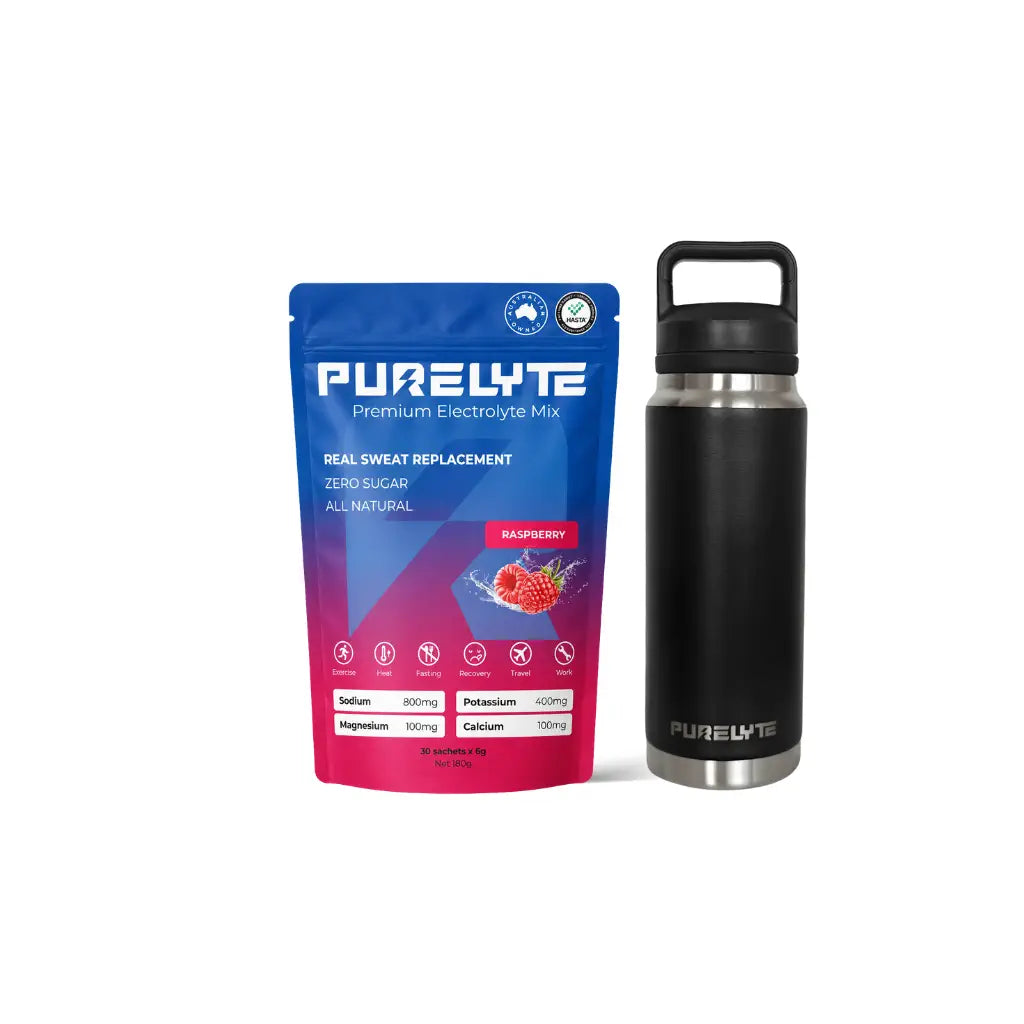 Purelyte Hydration Starter Pack - PURELYTE Raspberry electrolyte mix pack and black water bottle