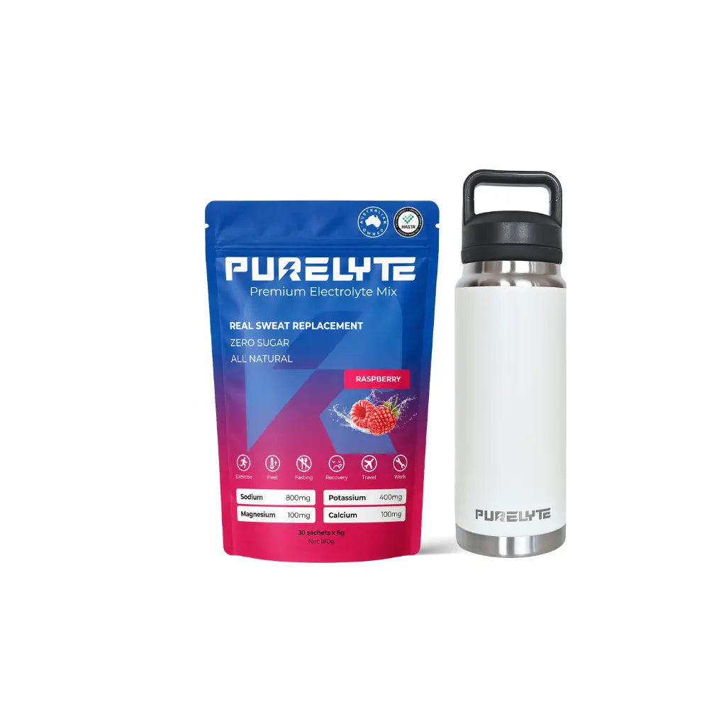 Purelyte Hydration Starter Pack - PURELYTE Raspberry electrolyte mix pack and white insulated bottle