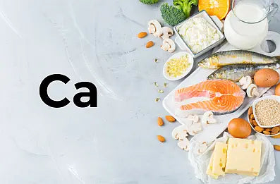 Assorted foods with calcium sources on a light gray background with Ca text