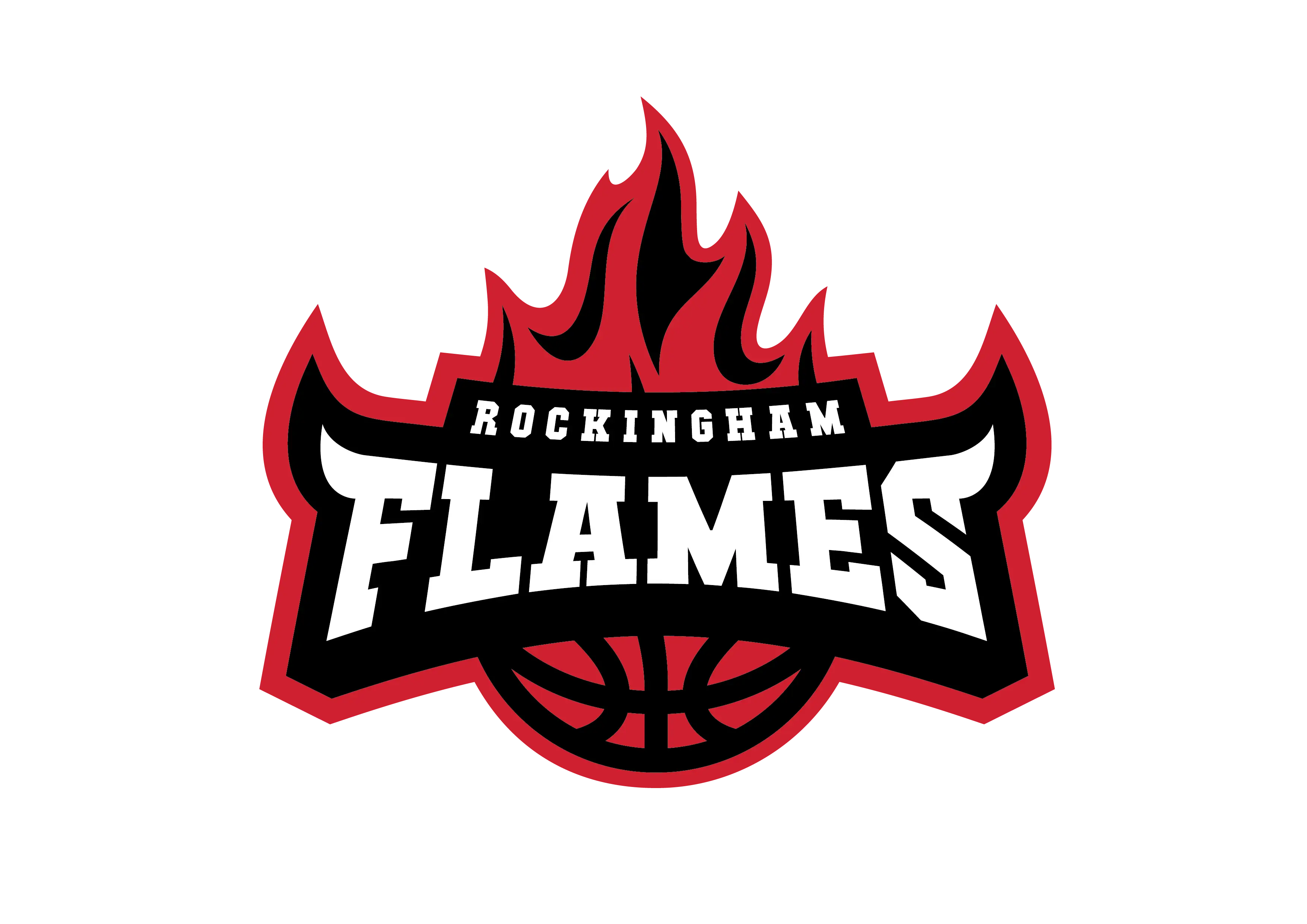 Rockingham Flames logo with flames and basketball design on a white background