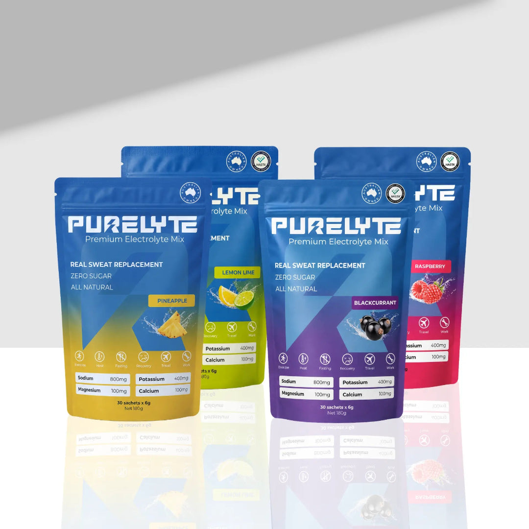 PURELYTE flavour range packages with sachets on a white background.