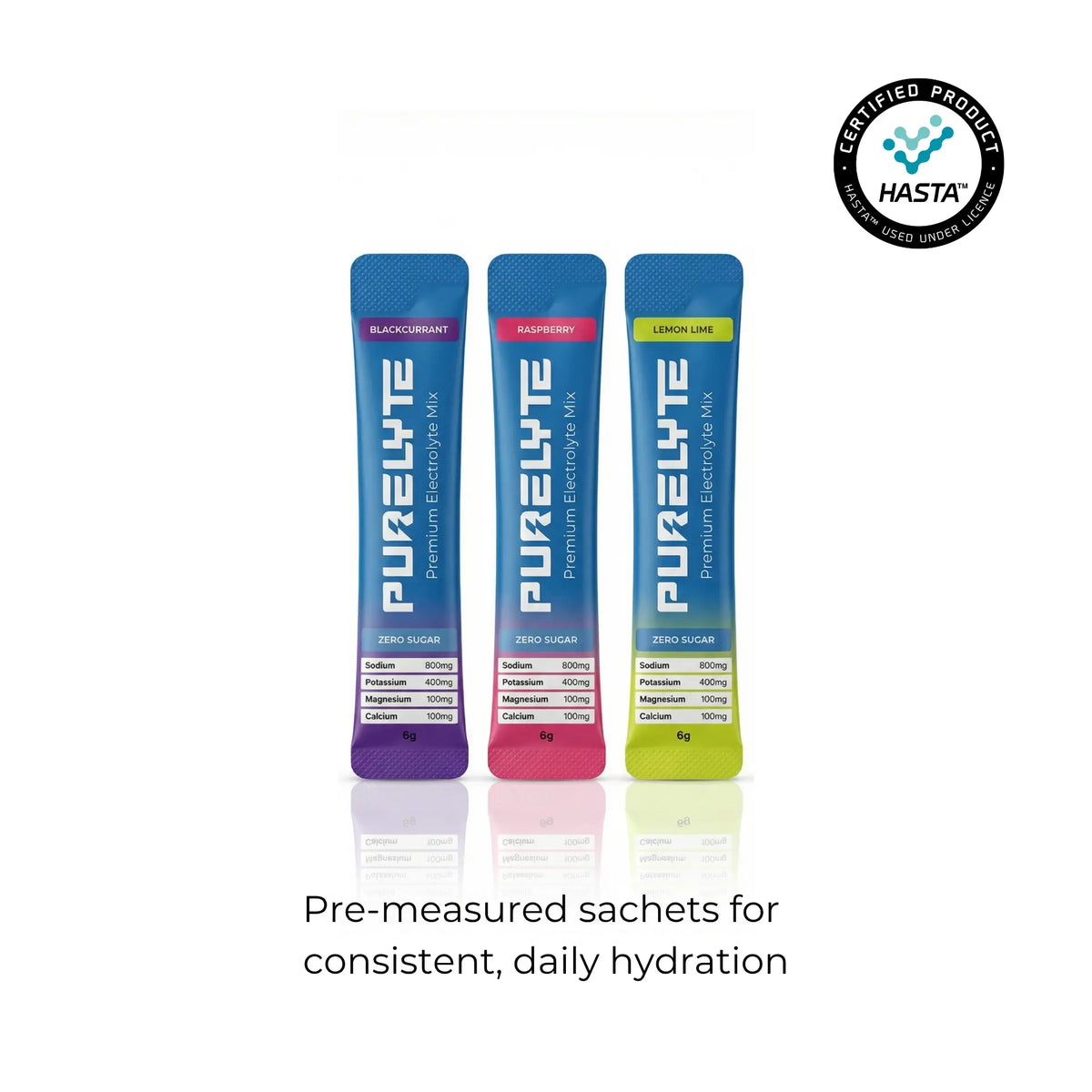 HASTA Certified range of Purelyte sugar-free electrolytes - Blackcurrant, Raspberry & Lemon Lime sachets.