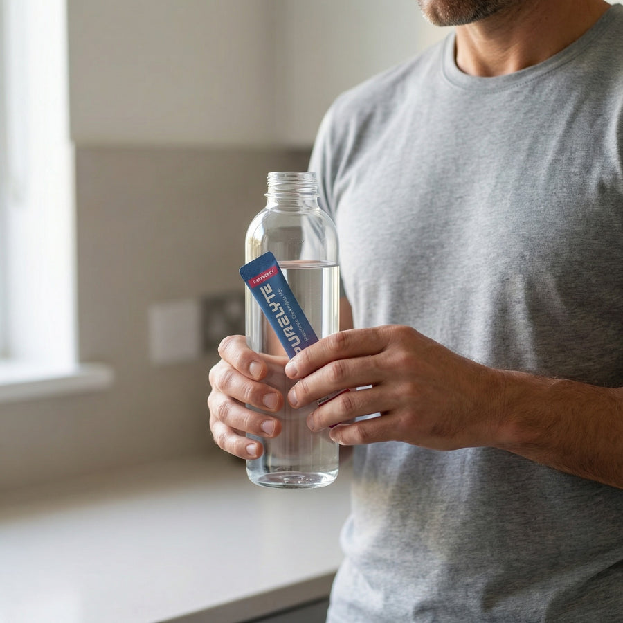 Person holding a bottle of water with a Purelyte sachet in a kitchen setting.