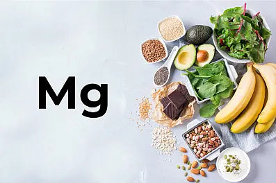 Assorted foods rich in magnesium on a light gray background with 'Mg' text.