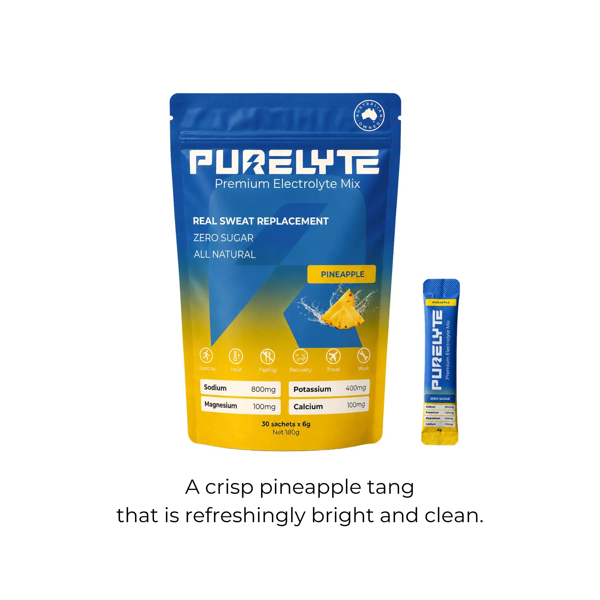 Purelyte premium electrolyte mix package with pineapple flavour on a white background
