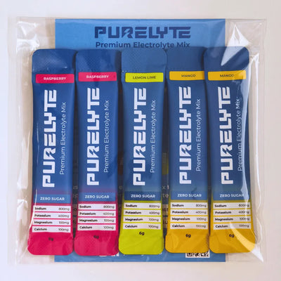 Purelyte zero sugar electrolyte sample pack with mixed flavour sachets